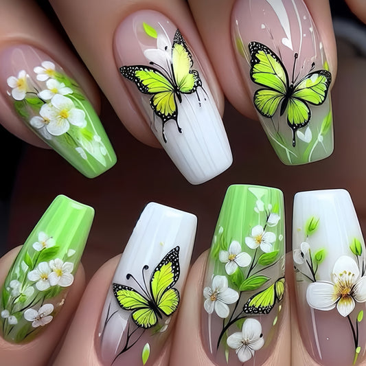 Springtime Elegance Medium Square Green with Butterfly and Floral Design Press On Nail Set