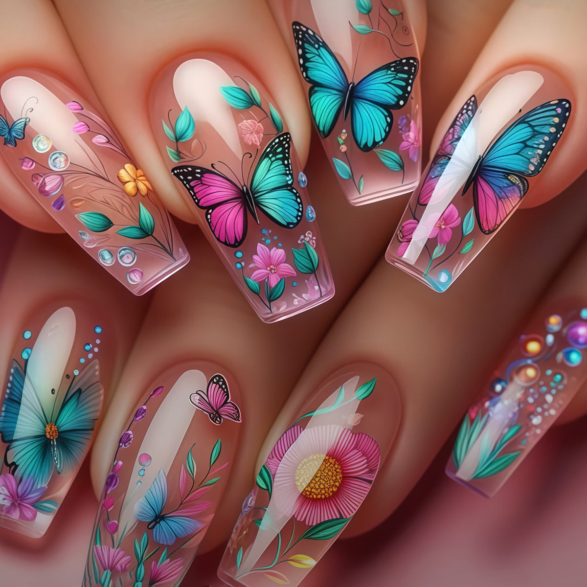 Whimsical Floral Long Coffin Pink Press on Nail Set with Butterfly Art
