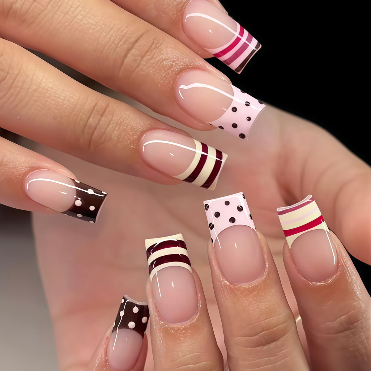 Chic Dessert Inspired Medium Square Pink and Brown Striped Nail Press Set