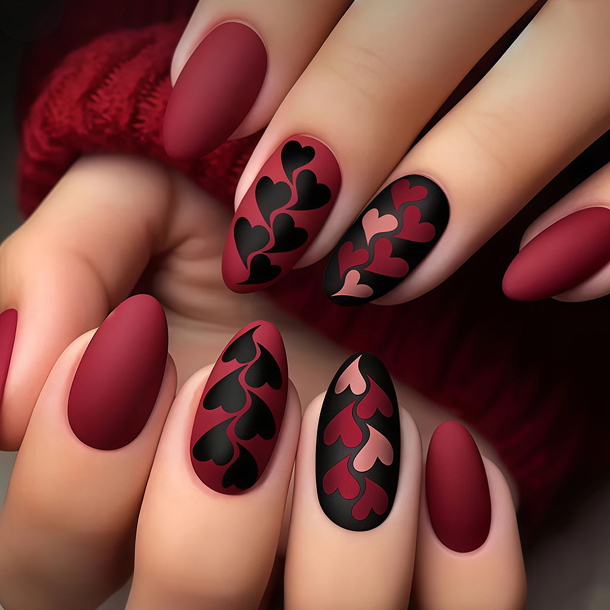 Love Inspired Medium Almond Deep Red Matte Nail Press Set with Heart Motif