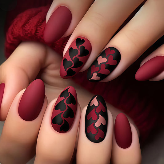 Love Inspired Medium Almond Deep Red Matte Nail Press Set with Heart Motif