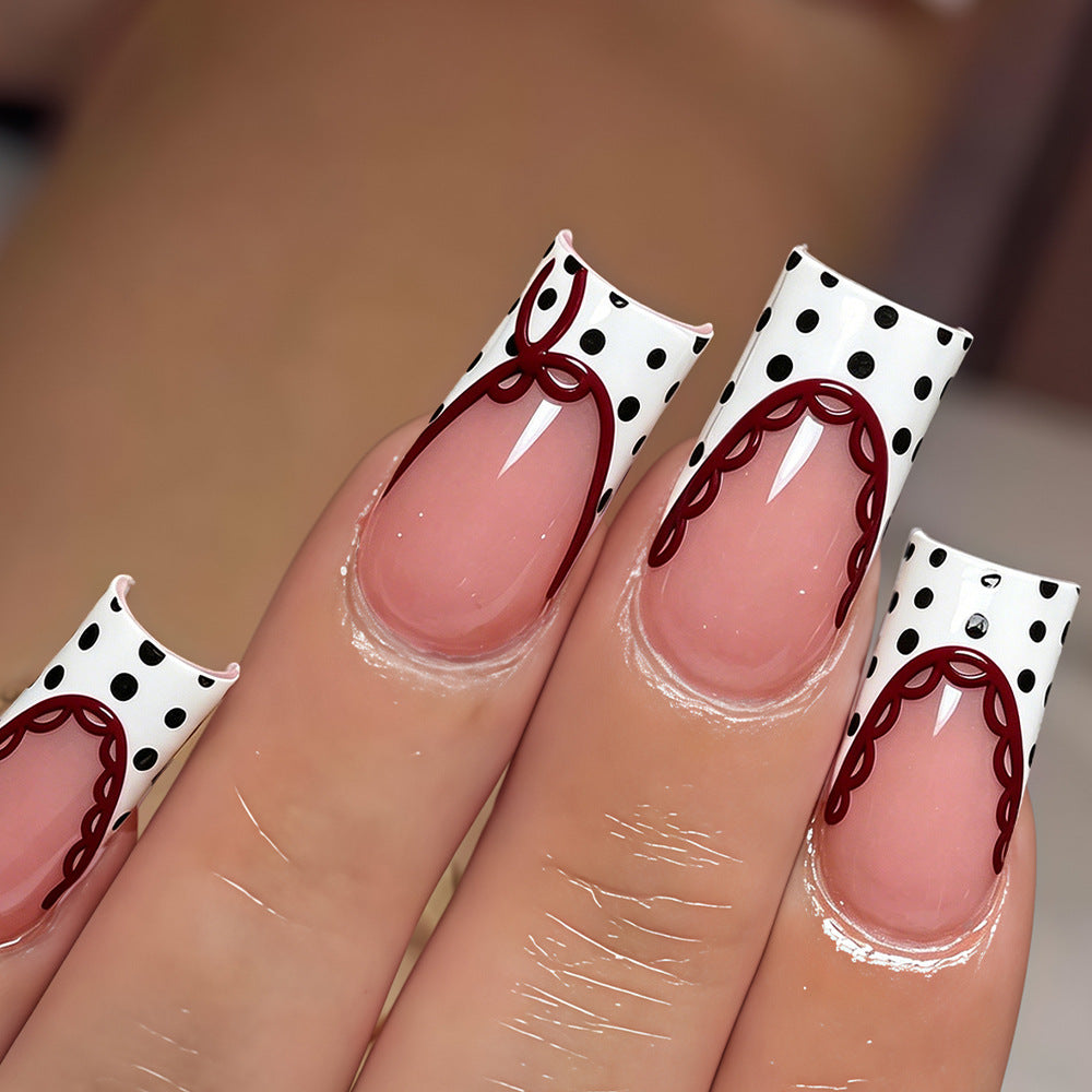 Chic Polka Dot Long Square Pink and White Design Nail Set