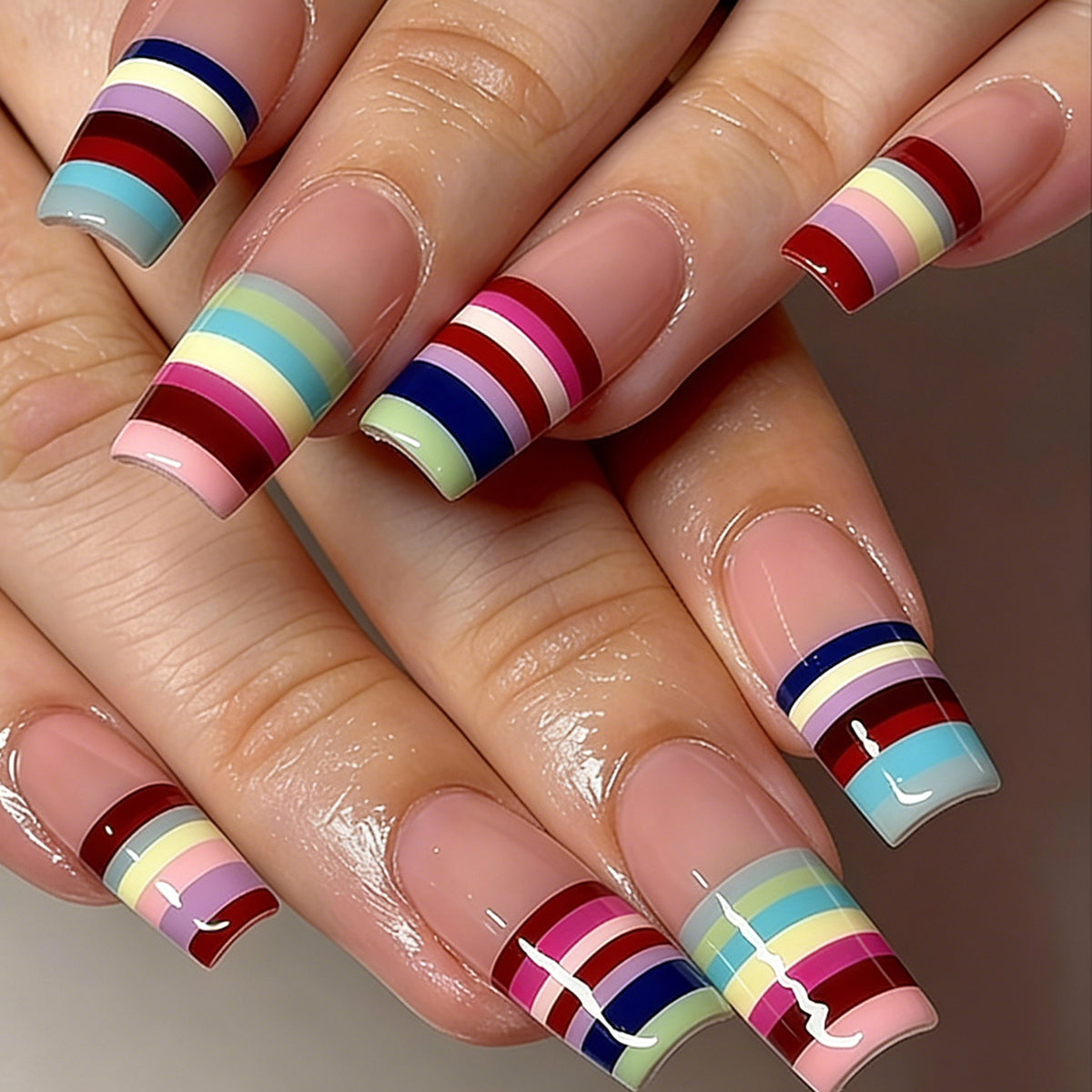 Vibrant Rainbow Long Square Multi-Striped Press On Nail Set