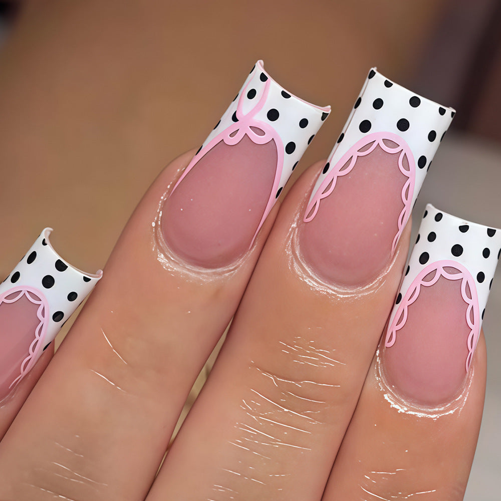 Chic Polka Dot Medium Square Press On Nail Set with Intricate Lace Design