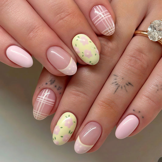 Spring Blossom Elegance Short Oval Pink Pastel with Floral Accents Press On Nail Set