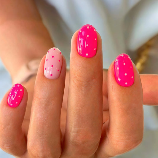Playful Pastels Short Oval Pink with Dots Press On Nail Set