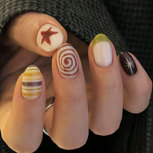 Enchanting Whirl of Short Oval Soft Beige and White with Stylish Swirls and Unique Star Accents Press On Nail Set