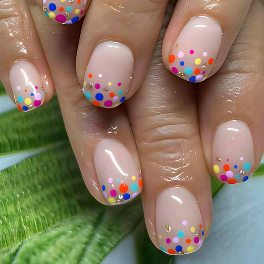 Colorful Celebration Charming Short Squoval Press On Nail Set with Dazzling Dot Design