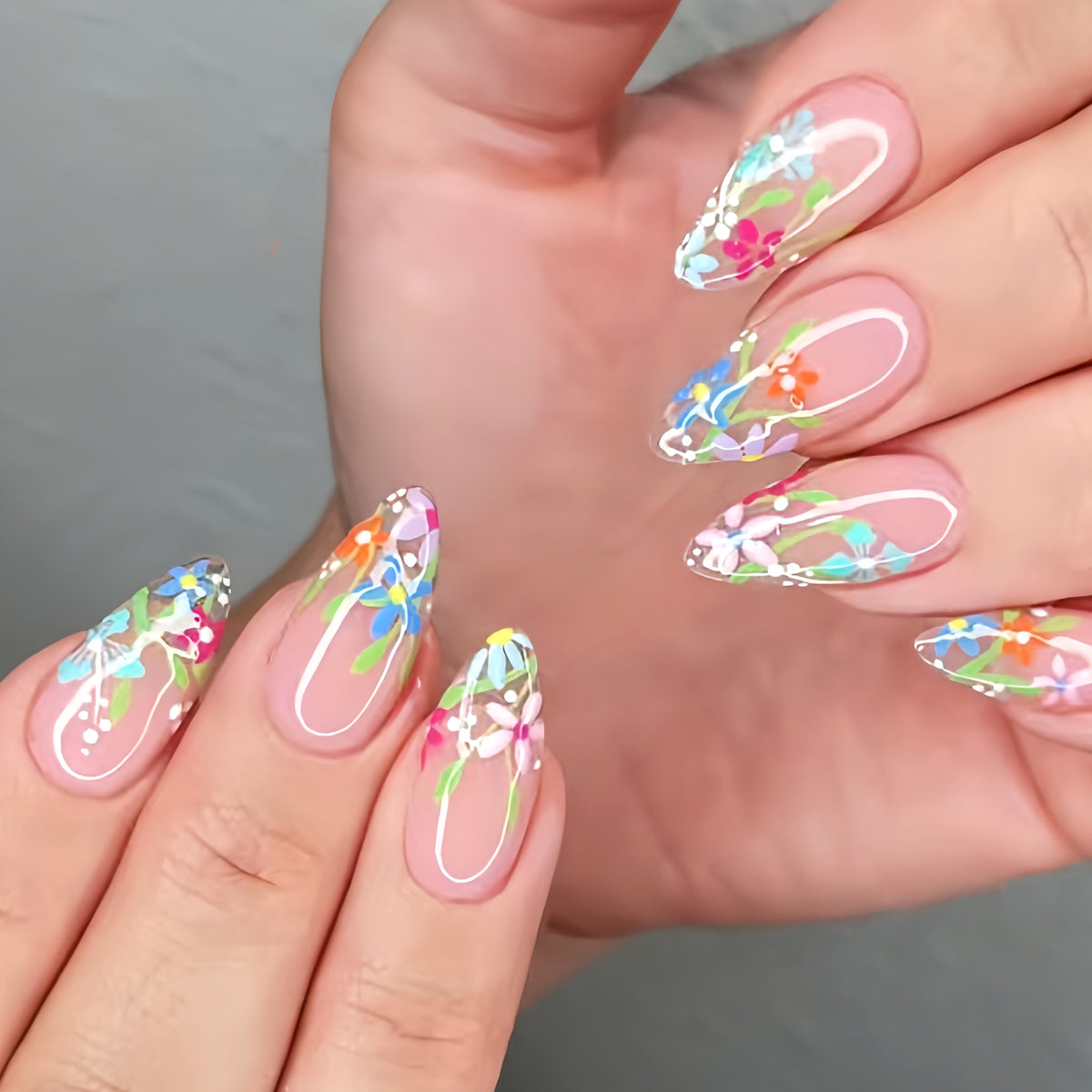Floral Fantasy Medium Almond Transparent Floral Press Nail Set