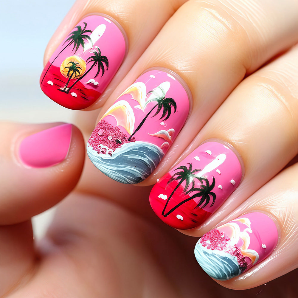 Tropical Paradise Short Square Pink Press on Nail Set with Ocean Wave Art