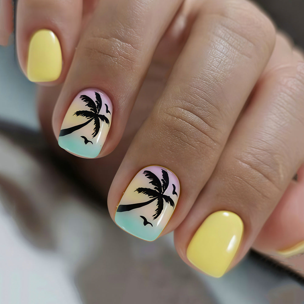 Tropical Paradise Short Square Yellow with Palm Tree Design Press on Nail Set