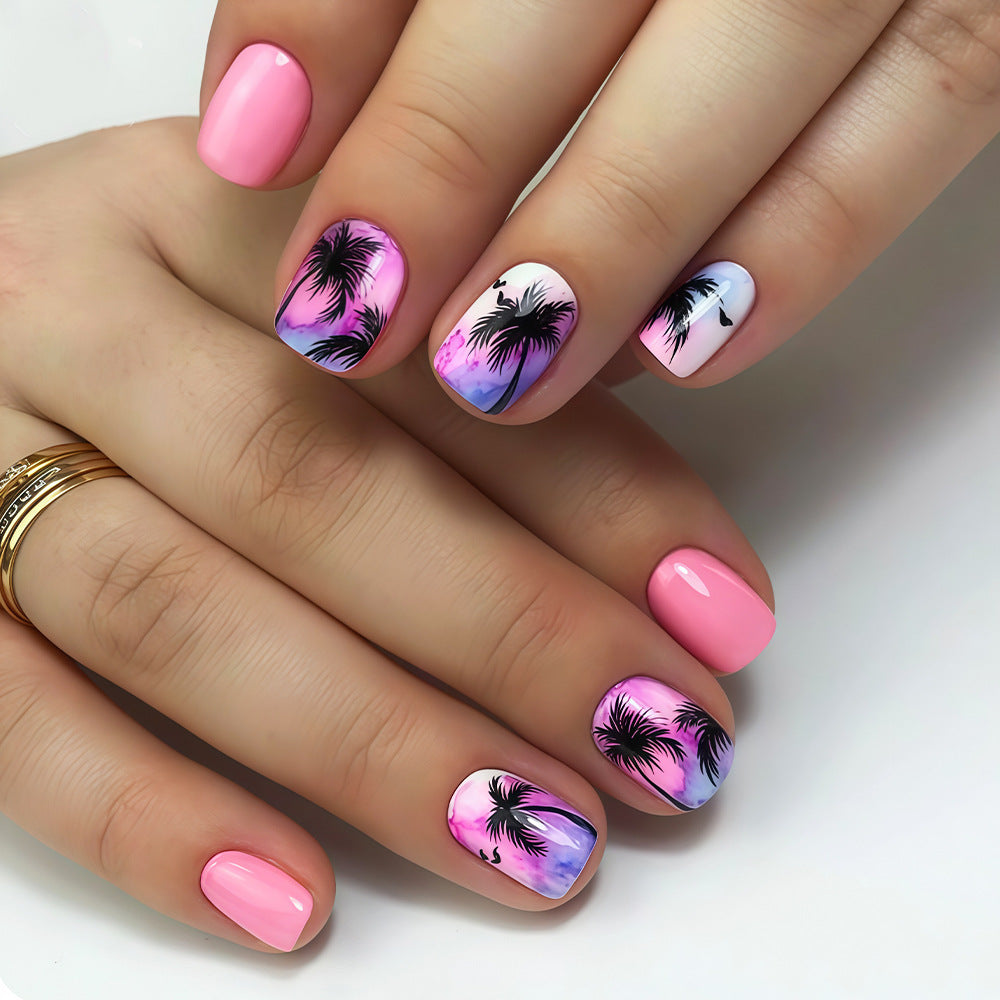Tropical Vibes Medium Square Pink with Palm Tree Art Press-On Nail Set
