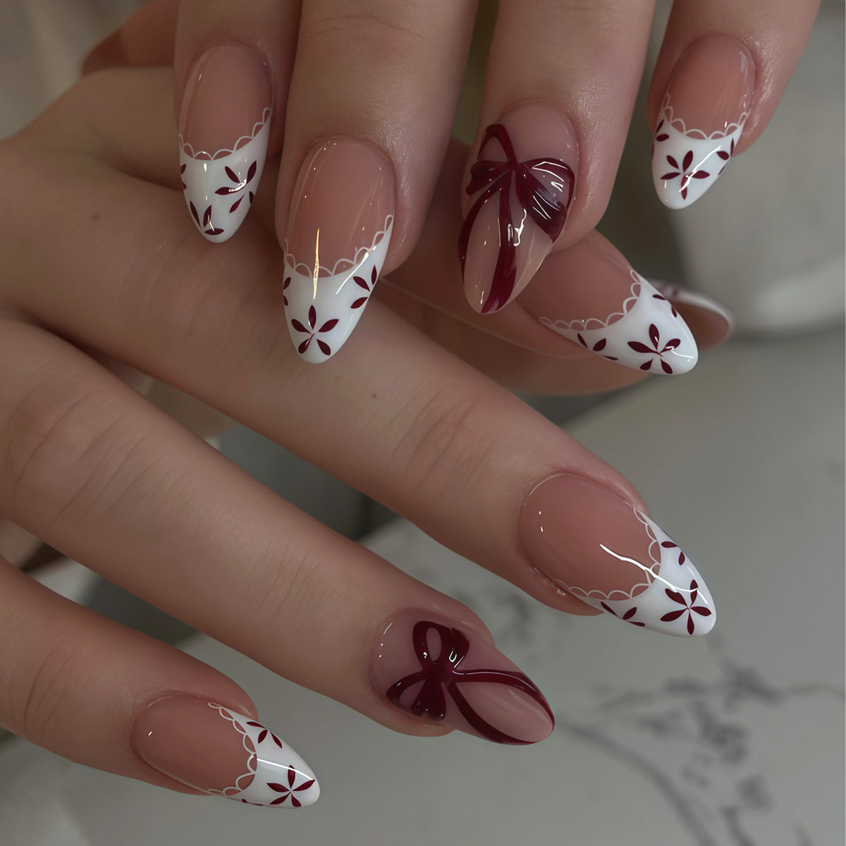 Chic Elegance Medium Almond White and Burgundy Floral Bow Design Press On Nail Set