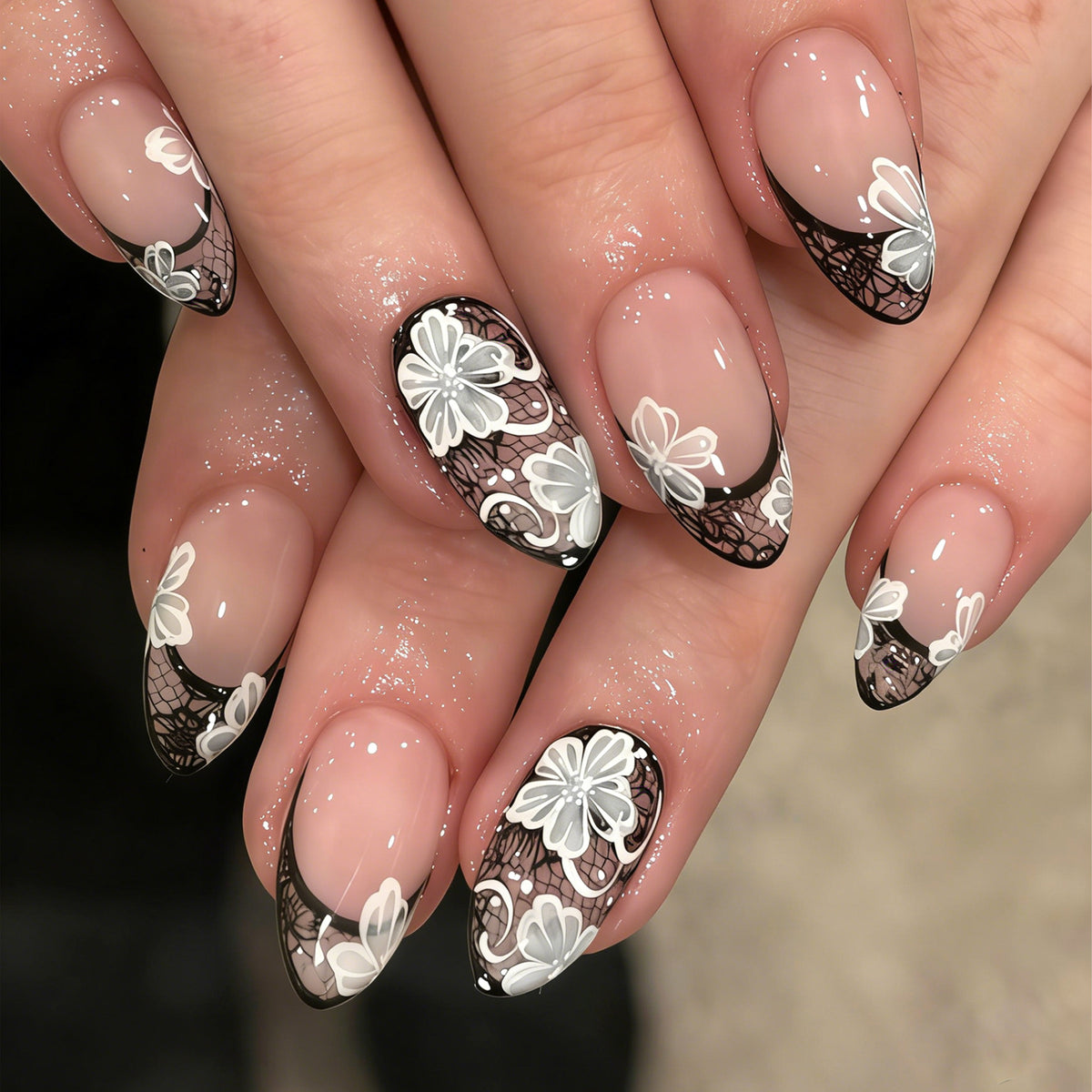 Elegant Floral Fantasy Medium Almond Black Lace Press On Nail Set