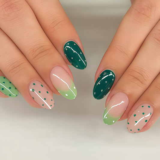 Fresh Garden Vibes Medium Almond Green with Dotted Design Press On Nail Set