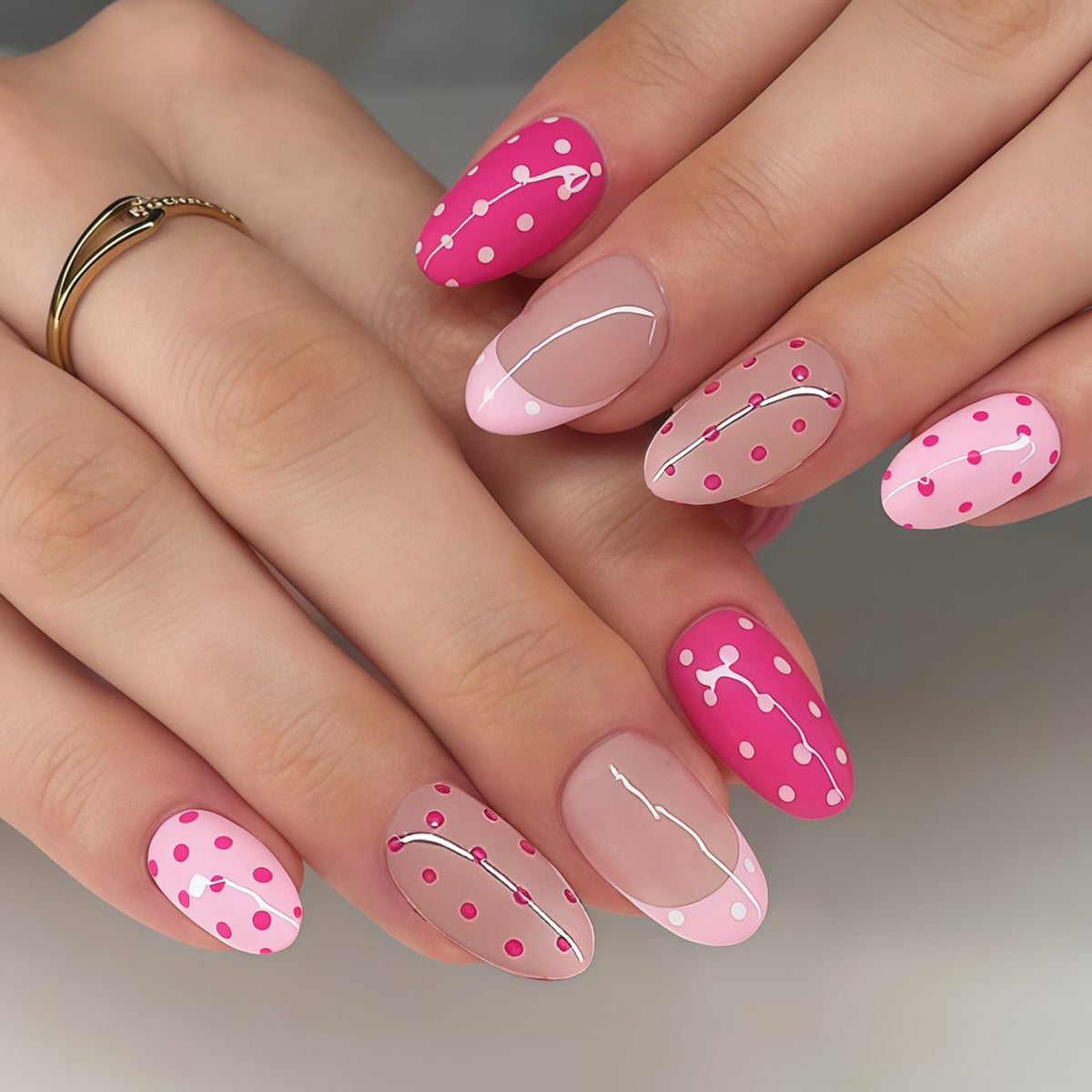 Chic Spring Delight Medium Oval Pink with Whimsical Dots Nail Set