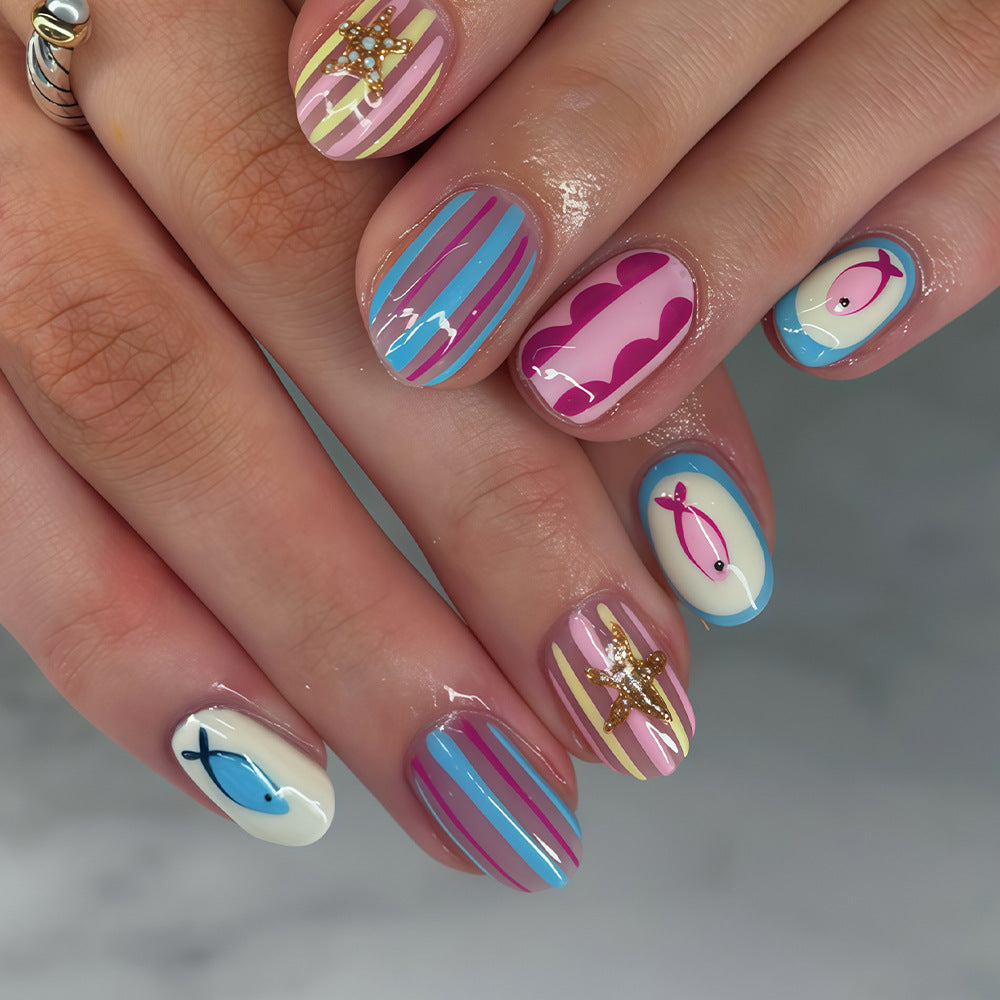 Whimsical Ocean Vibes Short Oval Pastel with Fish Print Press On Nail Set