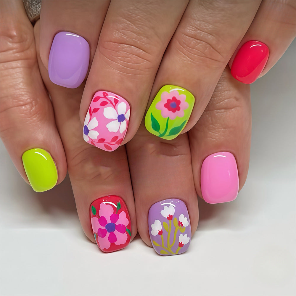 Floral Delight Short Square Bright Colors with Whimsical Designs Press On Nail Set