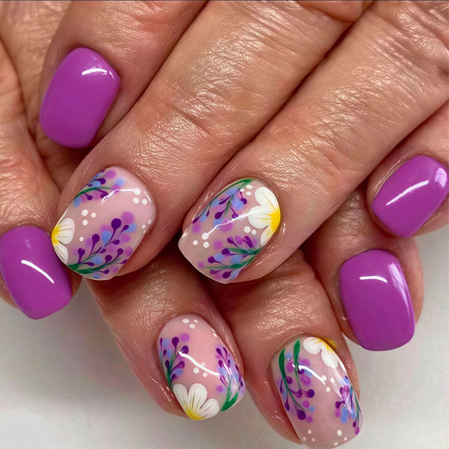 Blossoming Elegance Short Square Purple Natural Floral Design Press On Nail Set