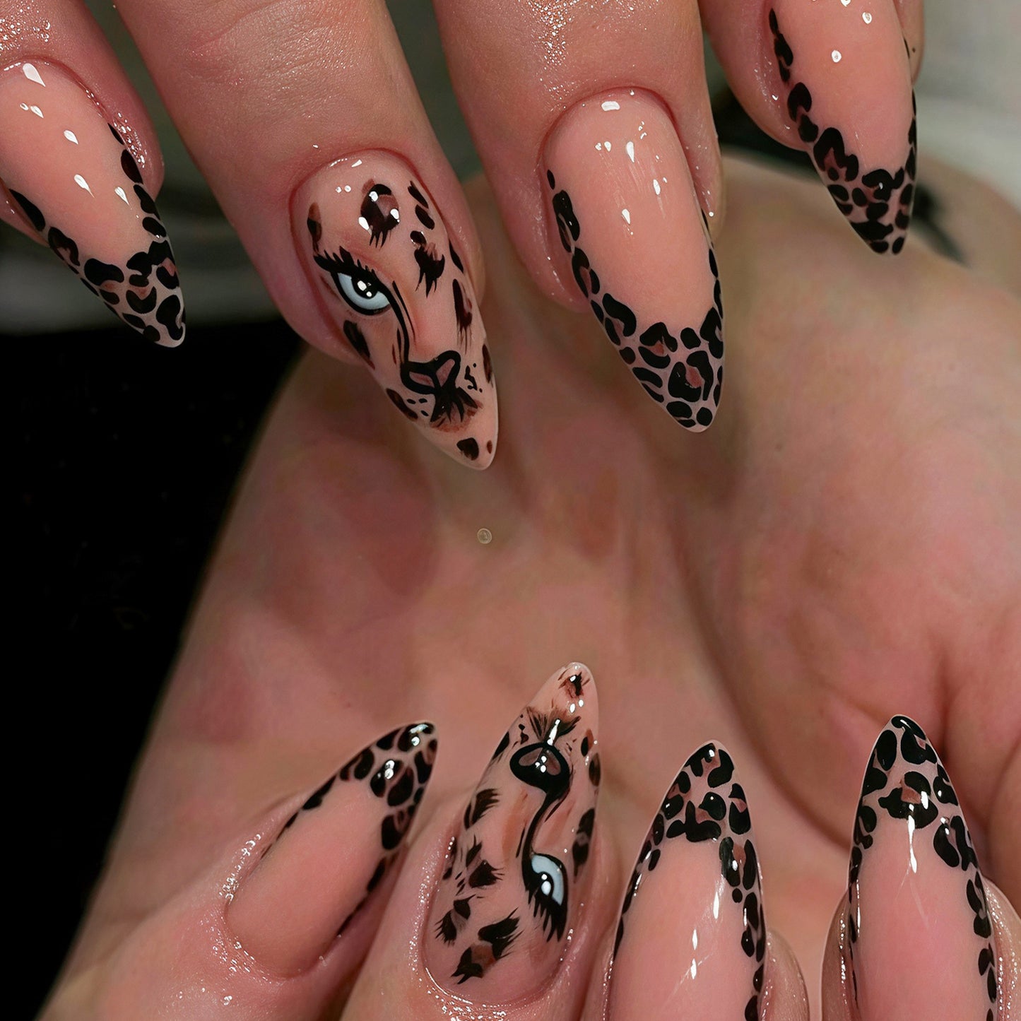 Wild Safari Inspired Long Stiletto Beige Press on Nail Set with Fierce Leopard Print Design