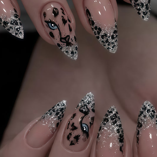 Fierce Elegance Long Stiletto Glittering Beige with Leopard Print Design Press On Nail Set