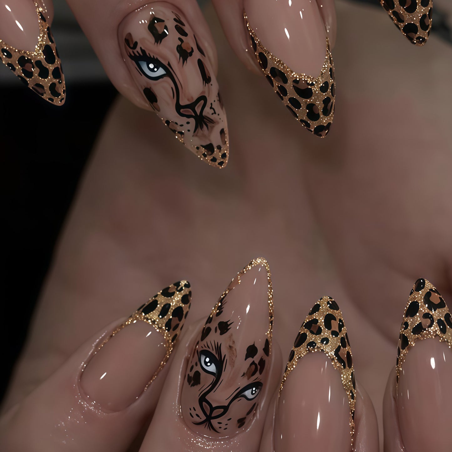 Savannah Adventure Long Almond Beige and Gold Glitter Leopard Press-On Nail Set