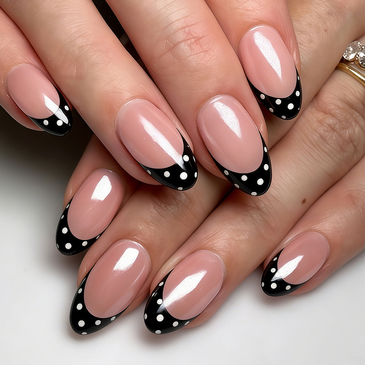 Chic Polka Dot Medium Almond Black Tip Press On Nail Set