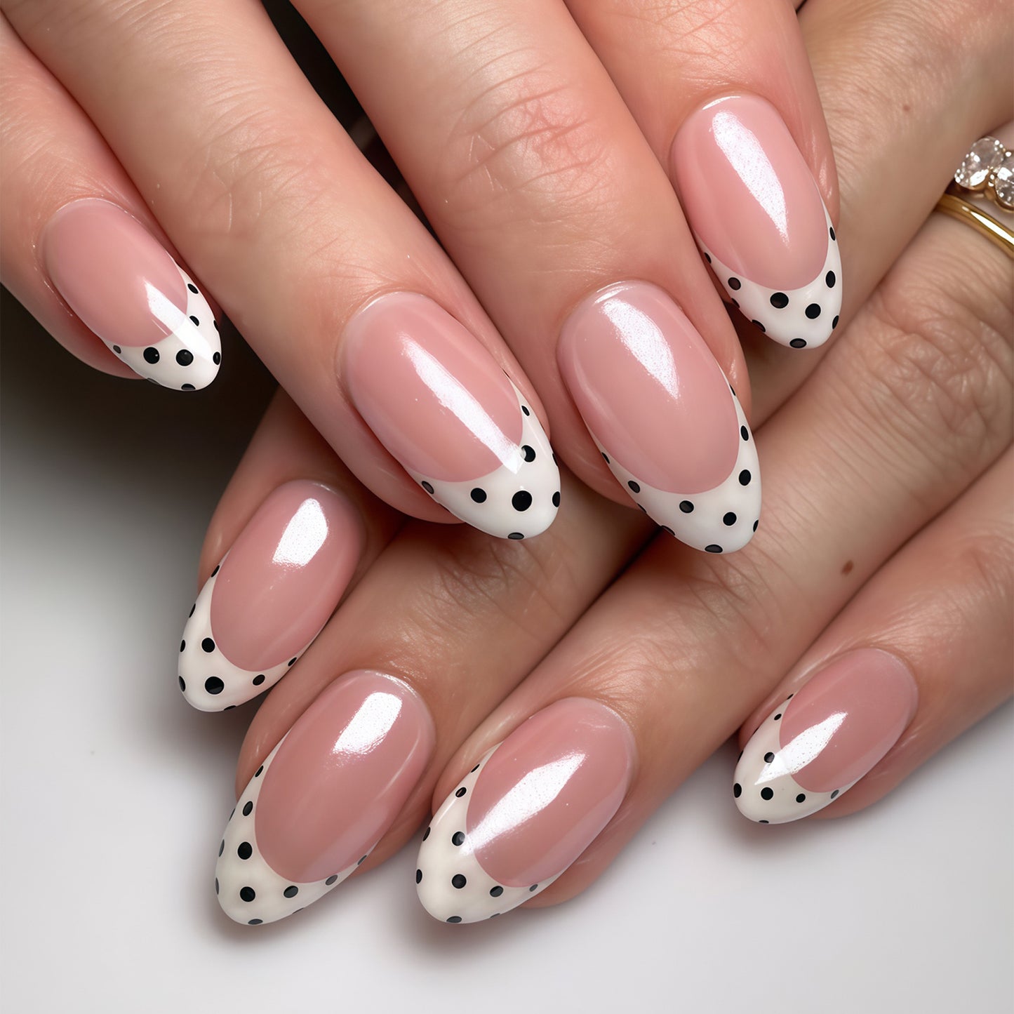 Chic Polka Dot Medium Almond Pink and White Nail Set