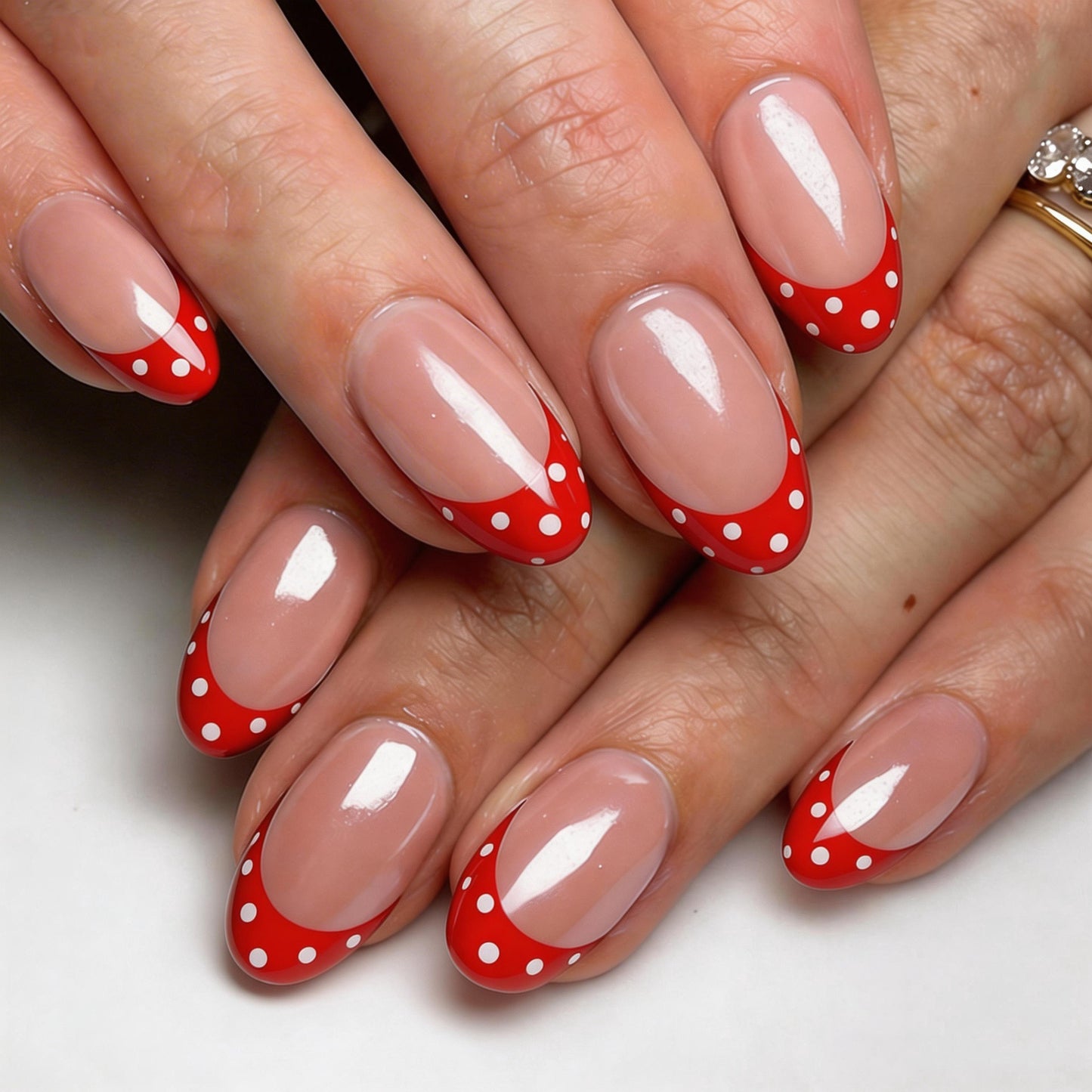 Cherry Bliss Medium Oval Red Polka Dot French Tip Press on Nail Set