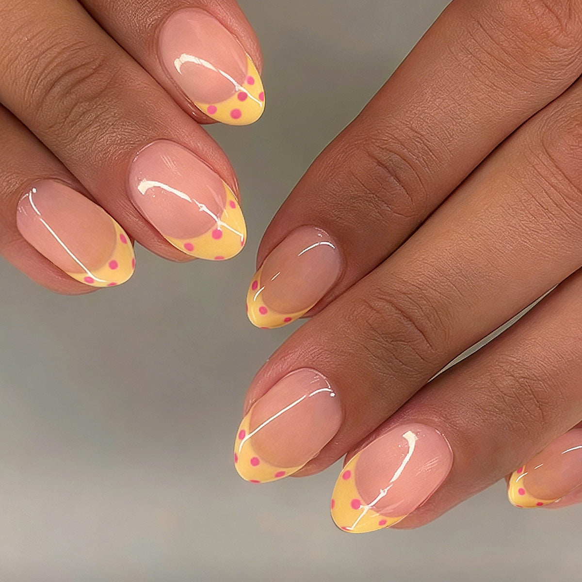 Sunny Delight Medium Oval Yellow with Pink Dots Press On Nail Set