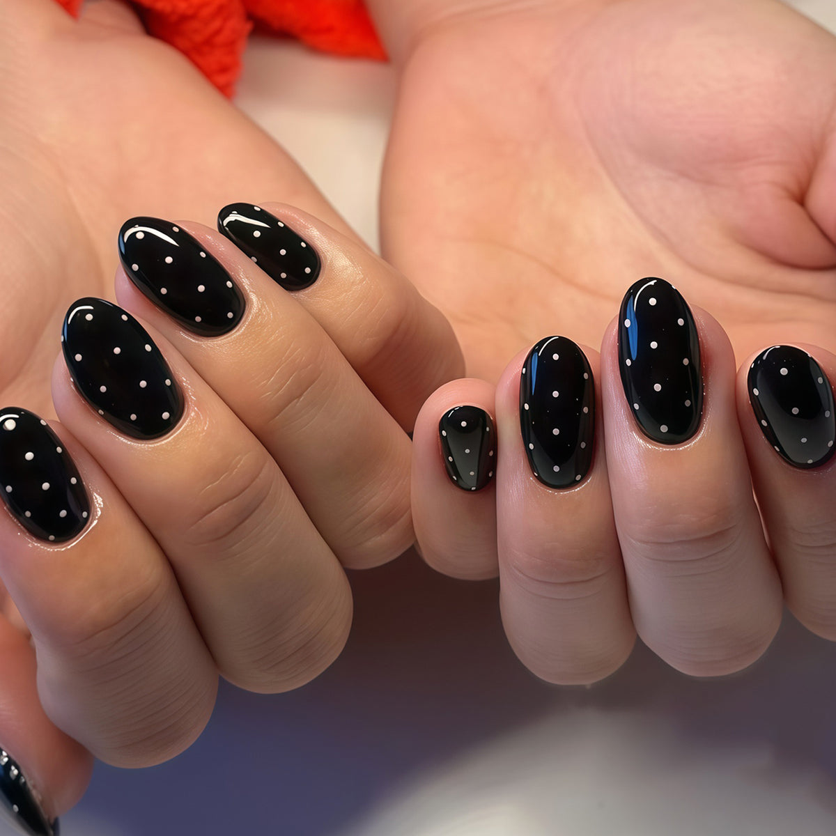 Elegant Midnight Style Medium Oval Black Nails with Dazzling Polka Dots