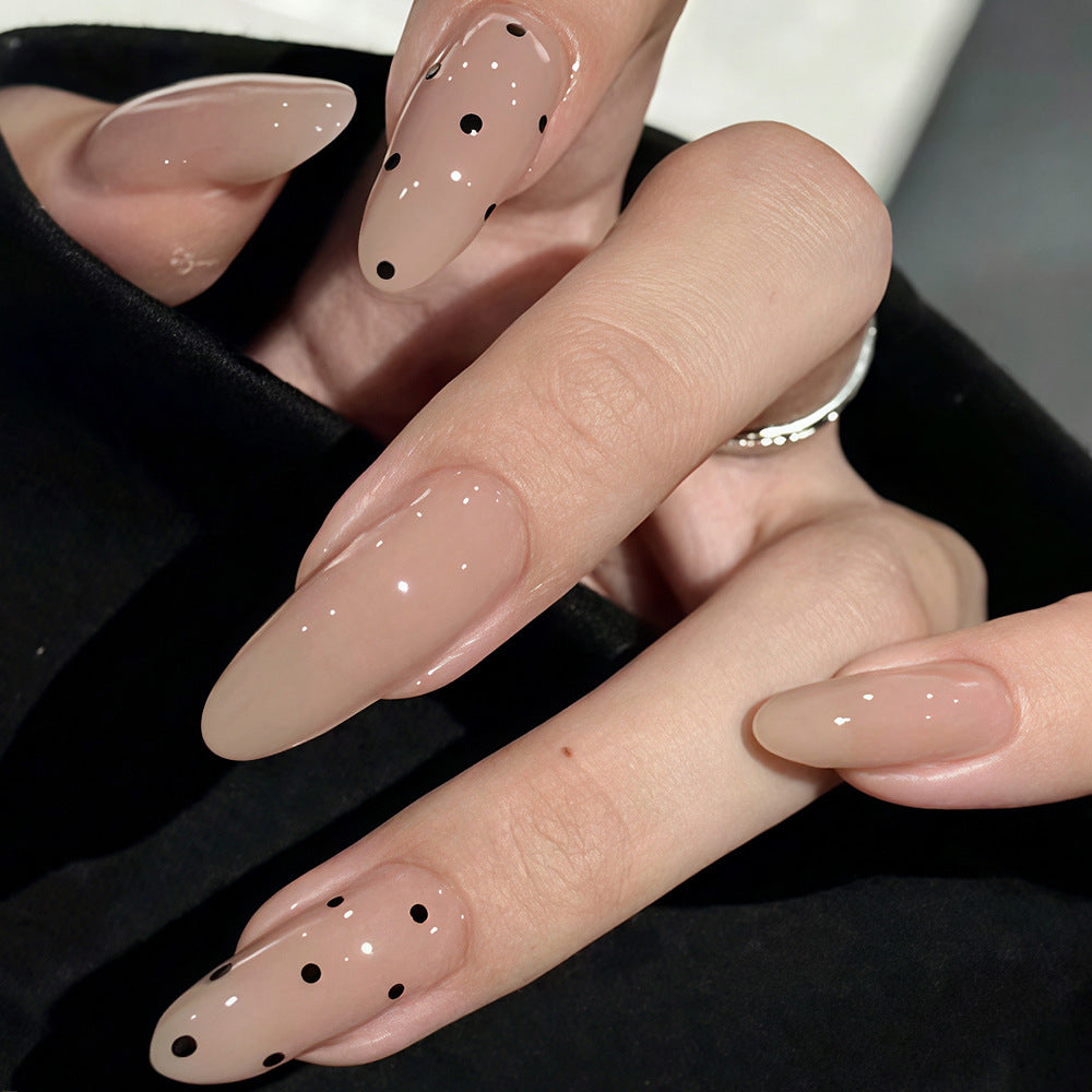 Chic Elegance Long Almond Beige Glossy Nails with Dotted Accent Design