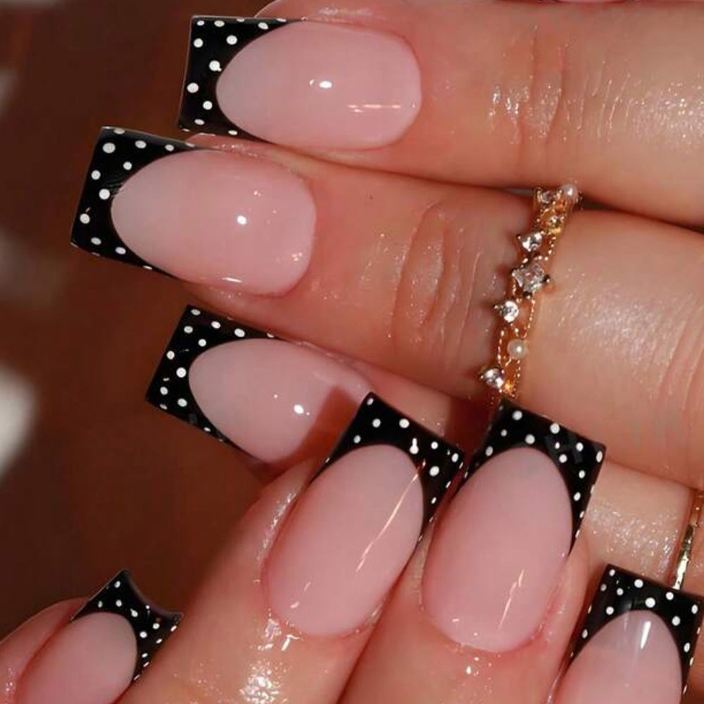 Elegant Dots Medium Square Pink with Black Polka Dot Tips Press On Nail Set