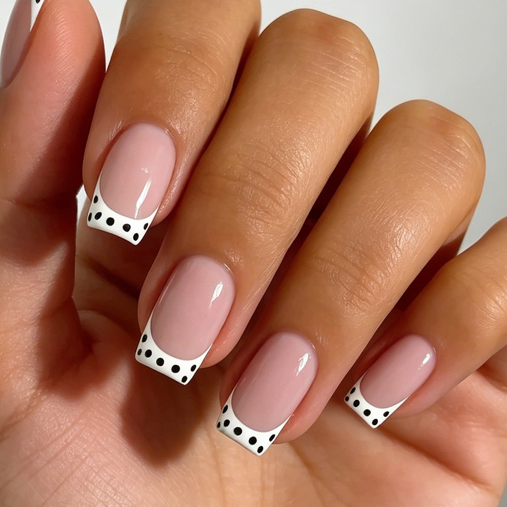 Chic Polka Dot Medium Square Beige Press On Nail Set with Glossy Finish