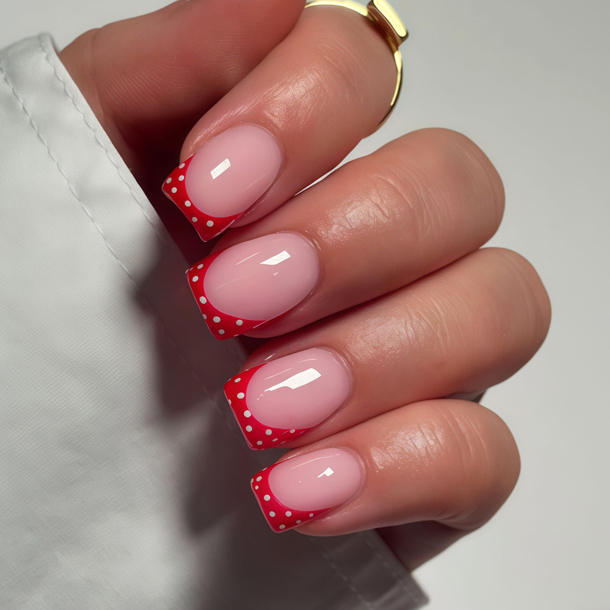 Charming Summer Vibes Medium Square Red Polka Dot French Tip Press On Nail Set