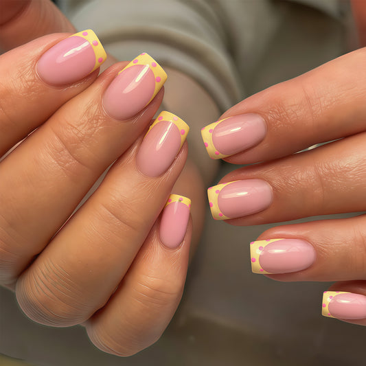 Playful Sweetheart Vibes Medium Square Pink with Yellow Polka Dot Tips Press-On Nail Set