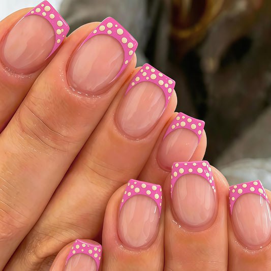 Playful Pink Short Square Nail Set with Fun Polka Dot Accent