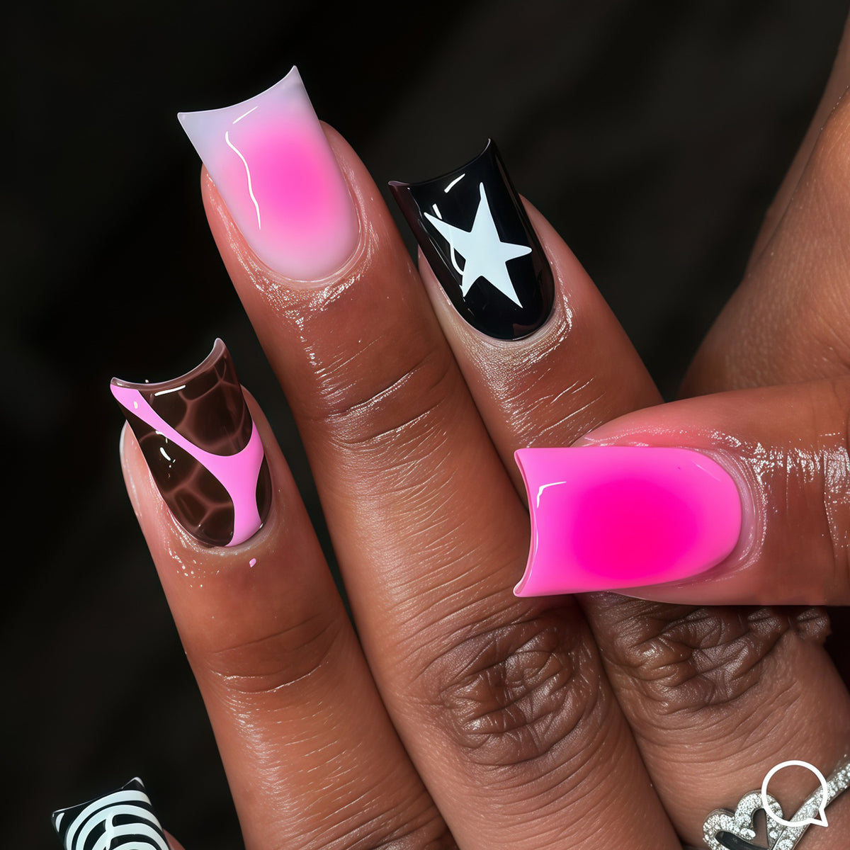 Vibrant Glamour Medium Square Pink Ombre Nail Set with Unique Artistic Designs