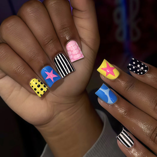 Playful Vibes Long Square Multicolored with Trendy Patterns Press On Nail Set