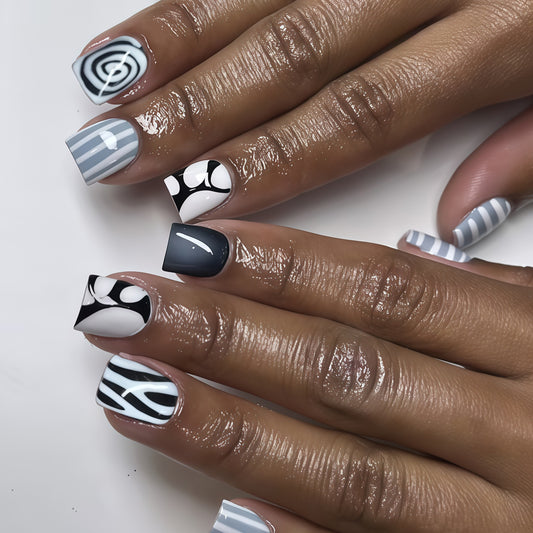Modern Monochrome Short Square Gray and Black Abstract Art Press On Nail Set