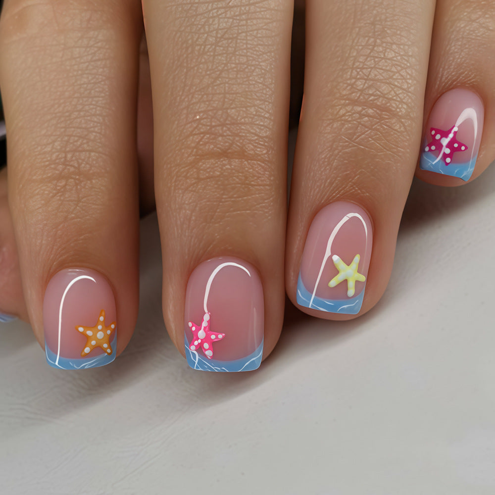Ocean Bliss Short Square Pink with Starfish Design Press On Nail Set