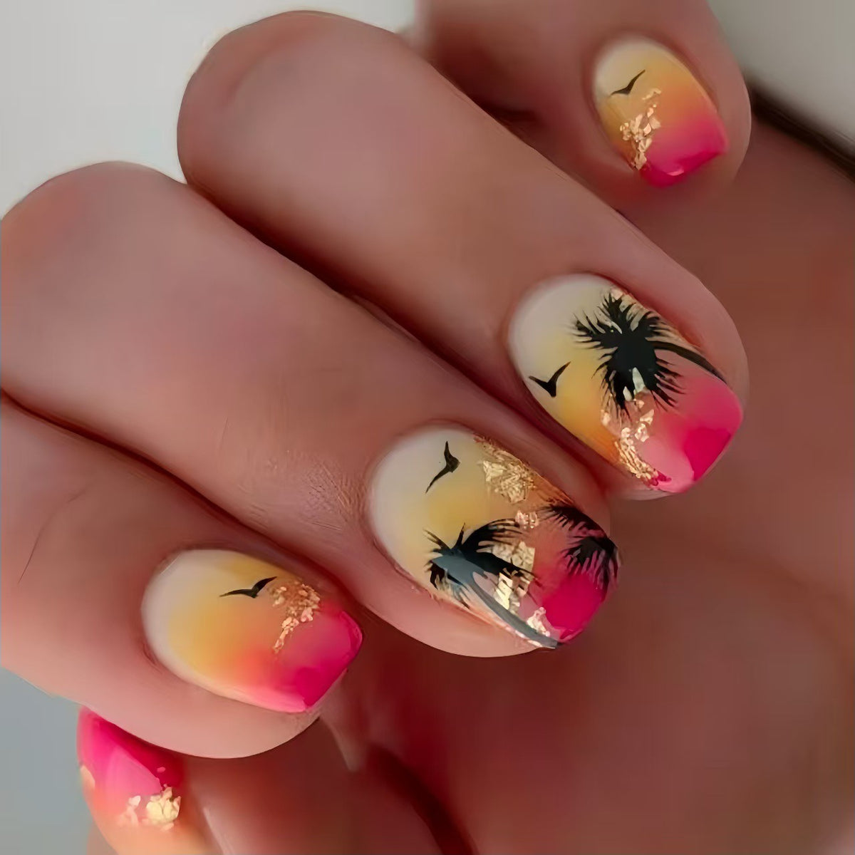 Tropical Sunset Short Square Pink Ombre with Glitter Palm Tree Design Press On Nail Set