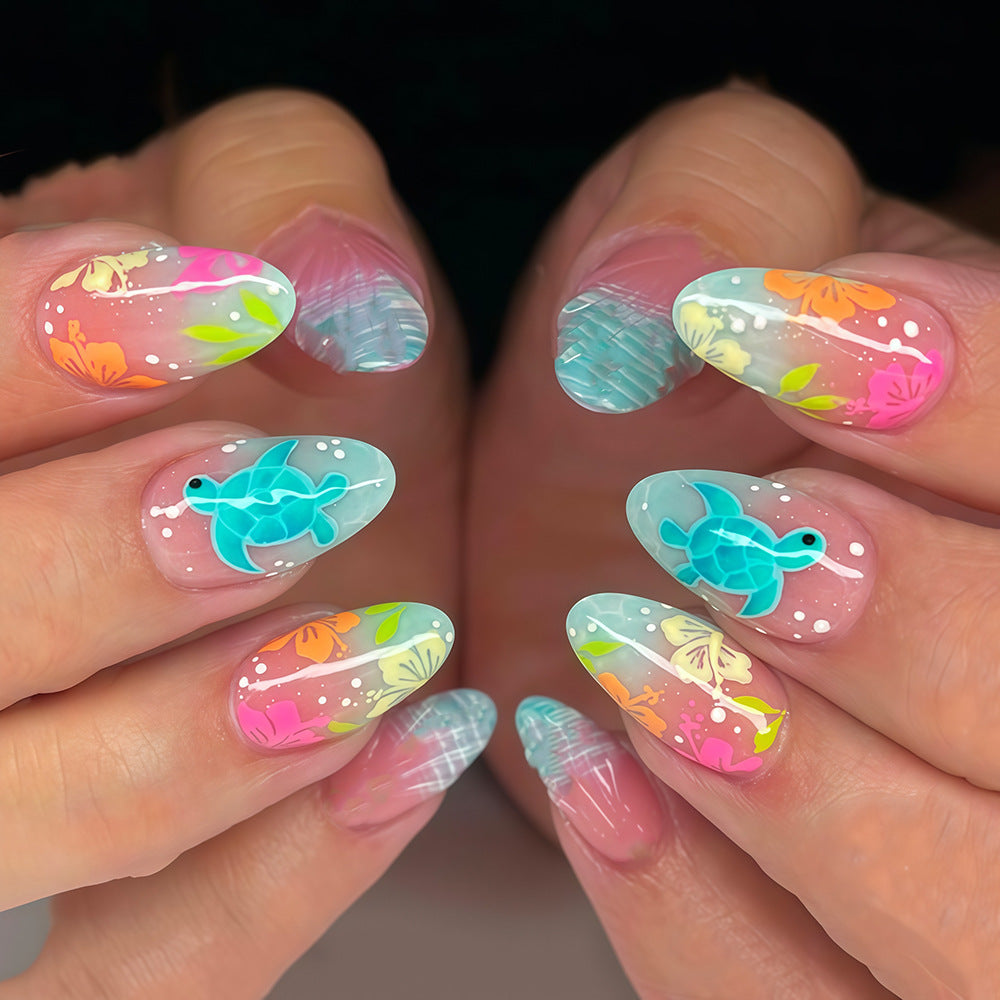 Tropical Paradise Medium Almond Clear Nails with Floral and Turtle Art