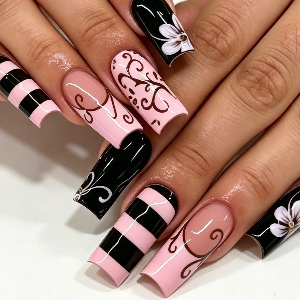 Elegant Floral Fantasy Long Square Pink and Black Press On Nail Set with Intricate Designs