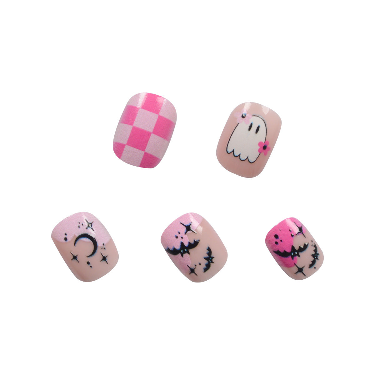 Haunted Dreams Short Oval Pink Ghost and Bat Themed Press On Nail Set