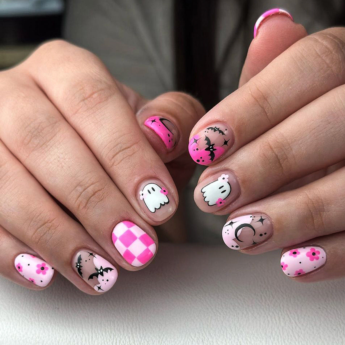 Spooky Pink Short Oval Press On Nail Set with Ghost and Bat Designs