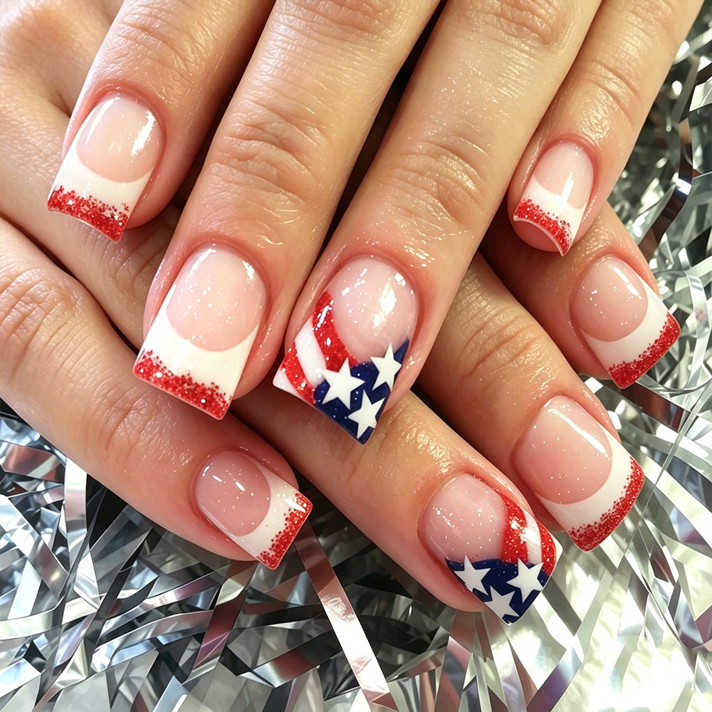 Patriotic Glamour Short Square Glittering Red and Blue Star Design Press On Nail Set