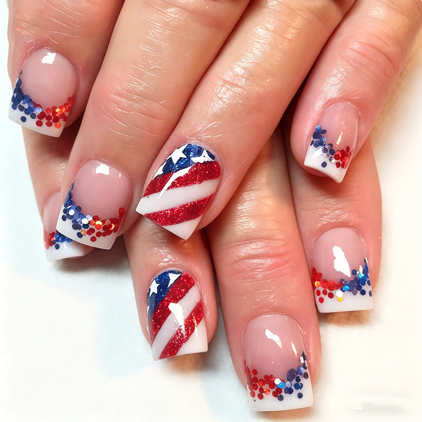 Patriotic Celebration Short Square Red White and Blue Glitter Design Press On Nail Set