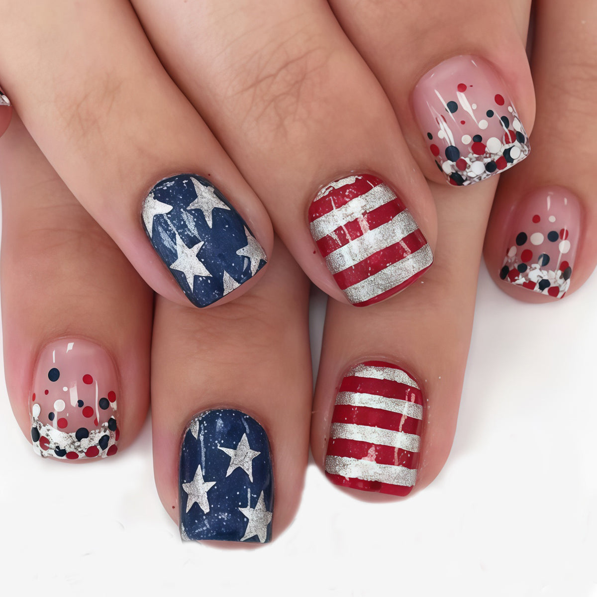 Patriotic Style Short Square Red and Blue Nail Set with Glitter Stars