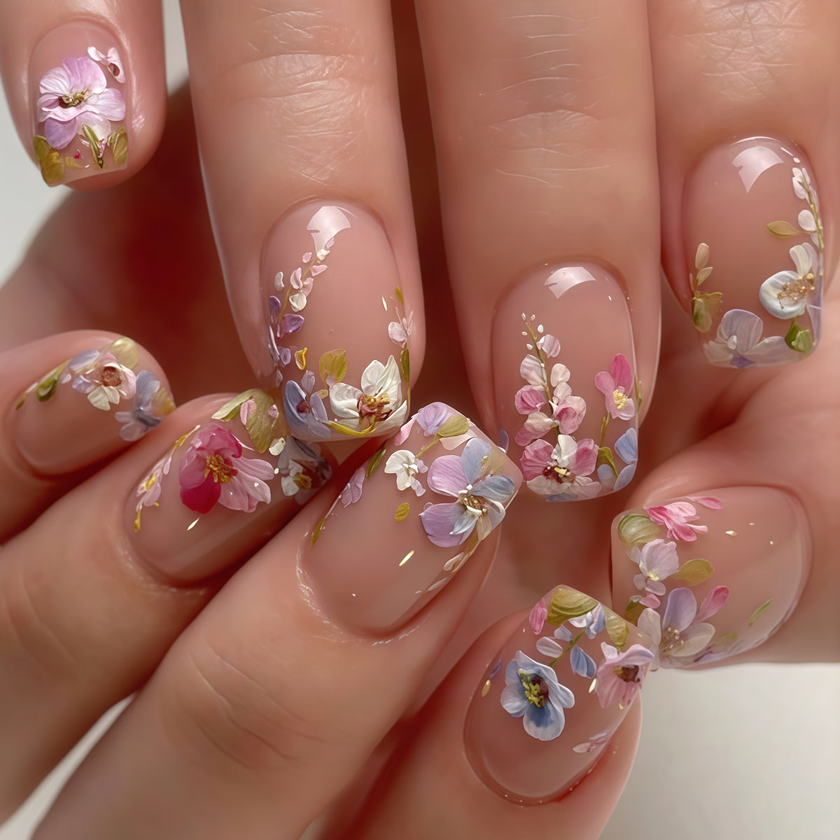 Charming Garden Short Square Pastel Floral Press On Nail Set